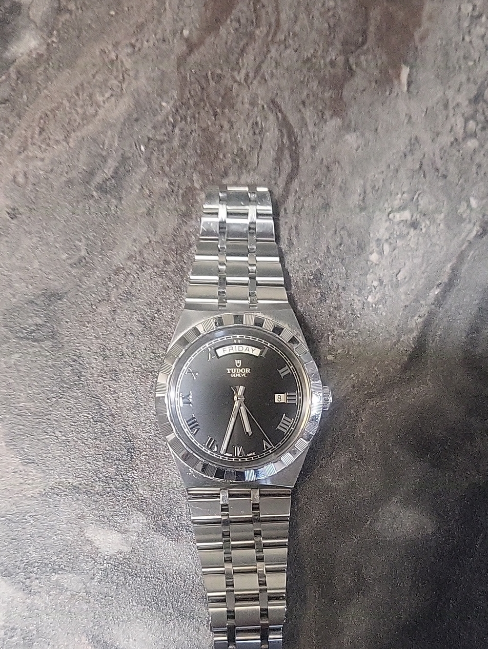 Tudor Stainless Steel Watch with Black Dial and Silver Bracelet